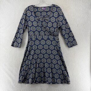 Zinni by Garnet Hill Navy‎ Blue Floral Print 3/4 Sleeve Dress - M
